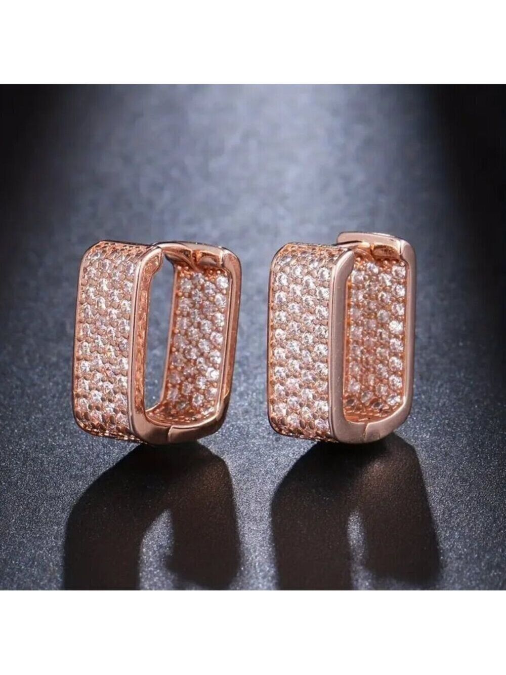 Rectangular Zircon Hoops Rose Gold Tone with Lots of Bling #1418